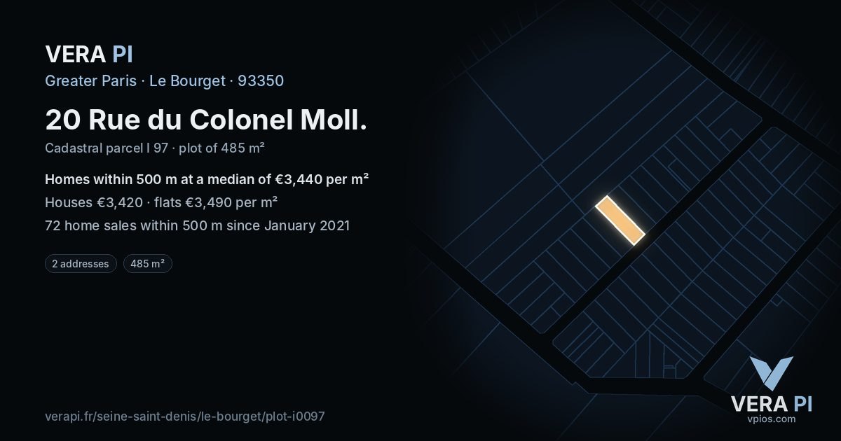 20 Rue du Colonel Moll, Le Bourget at night – the plot lit, the parcels around coloured by the prices near them
