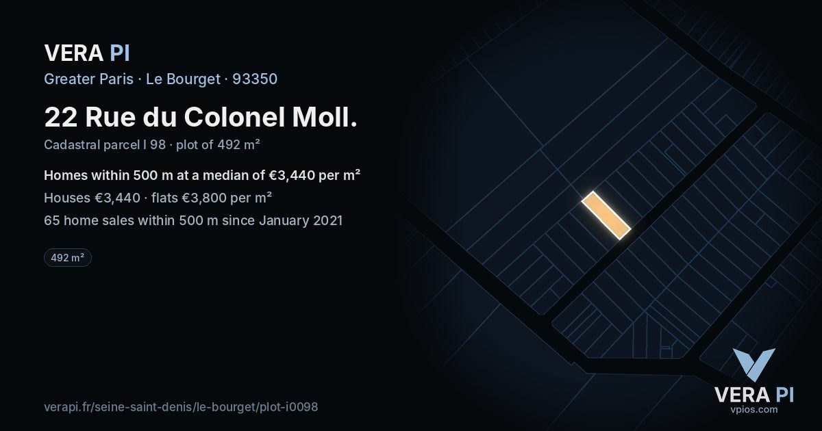 22 Rue du Colonel Moll, Le Bourget at night – the plot lit, the parcels around coloured by the prices near them