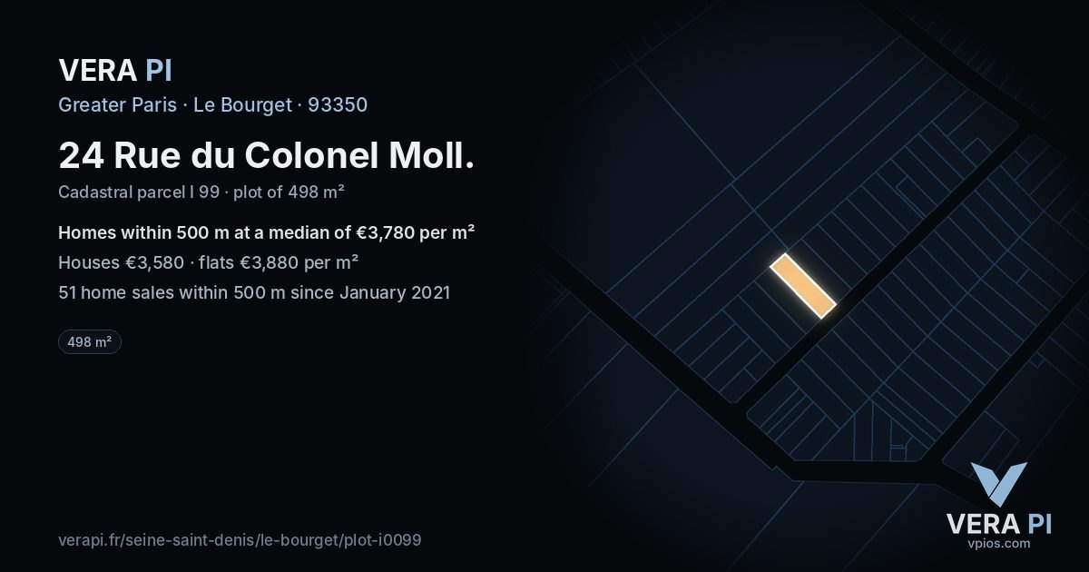 24 Rue du Colonel Moll, Le Bourget at night – the plot lit, the parcels around coloured by the prices near them