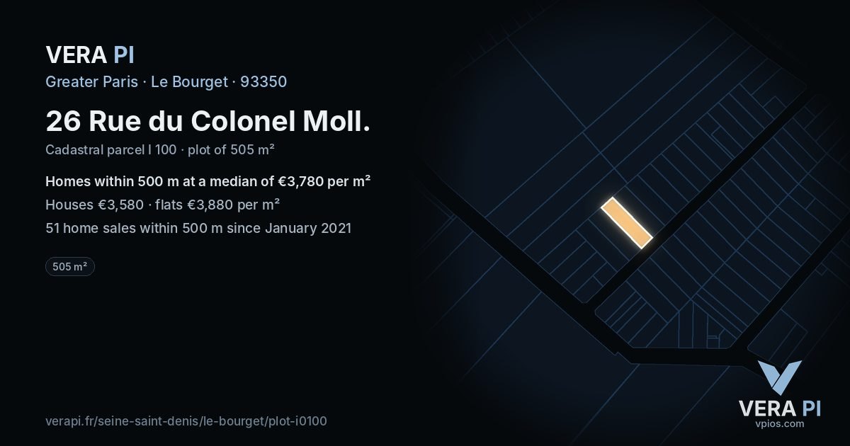 26 Rue du Colonel Moll, Le Bourget at night – the plot lit, the parcels around coloured by the prices near them