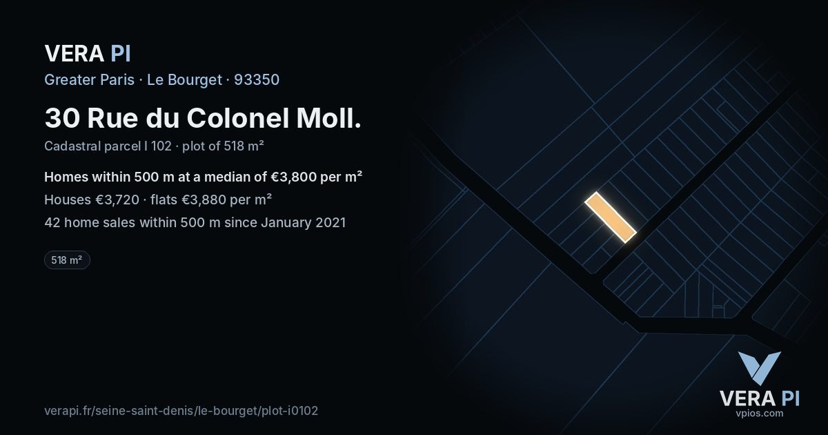 30 Rue du Colonel Moll, Le Bourget at night – the plot lit, the parcels around coloured by the prices near them