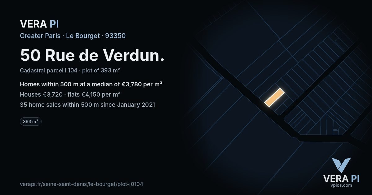 50 Rue de Verdun, Le Bourget at night – the plot lit, the parcels around coloured by the prices near them