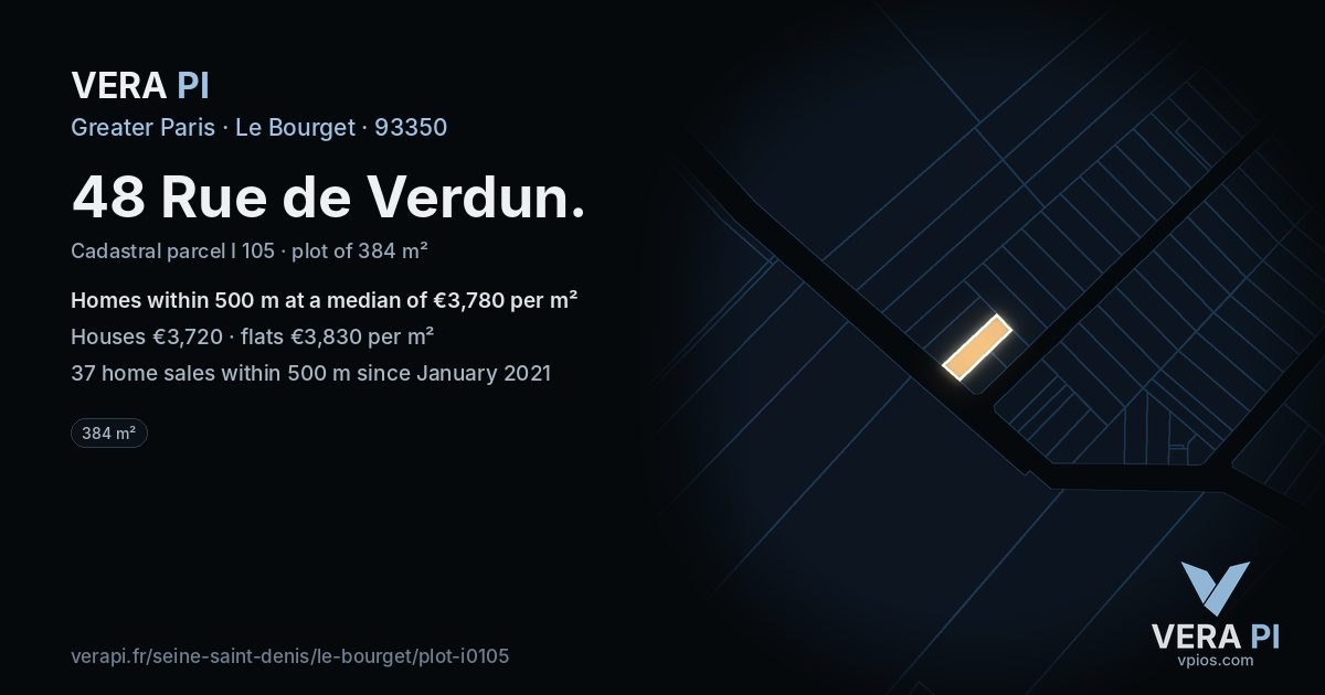 48 Rue de Verdun, Le Bourget at night – the plot lit, the parcels around coloured by the prices near them