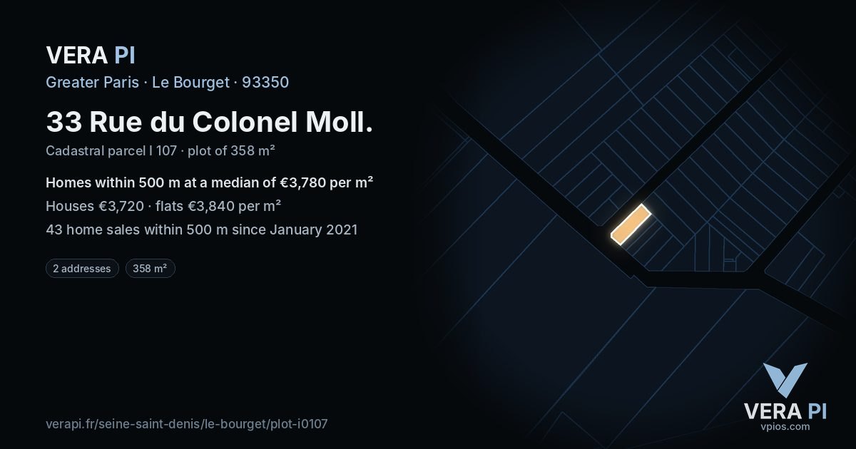 33 Rue du Colonel Moll, Le Bourget at night – the plot lit, the parcels around coloured by the prices near them