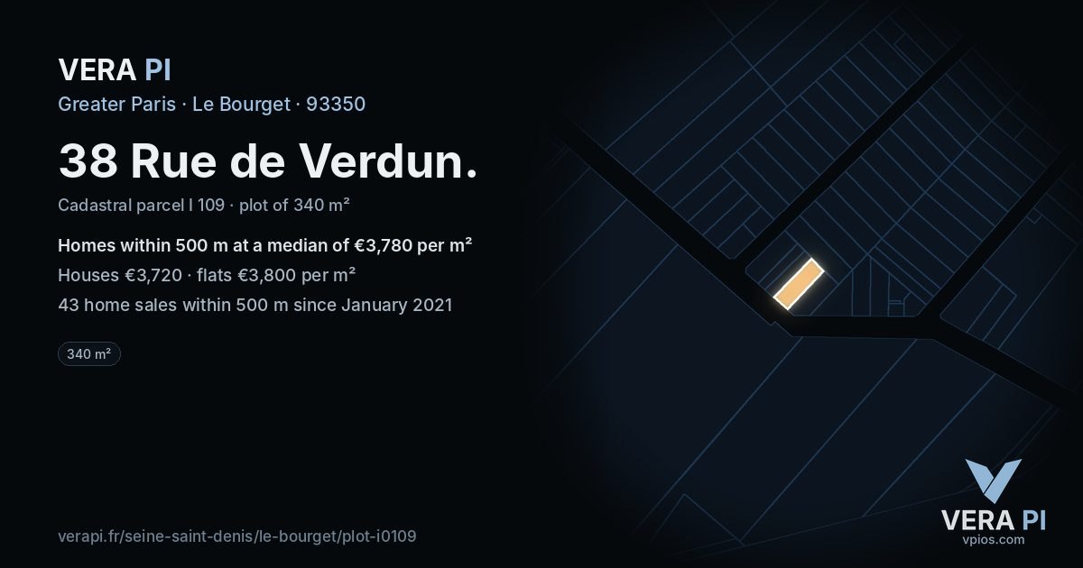 38 Rue de Verdun, Le Bourget at night – the plot lit, the parcels around coloured by the prices near them