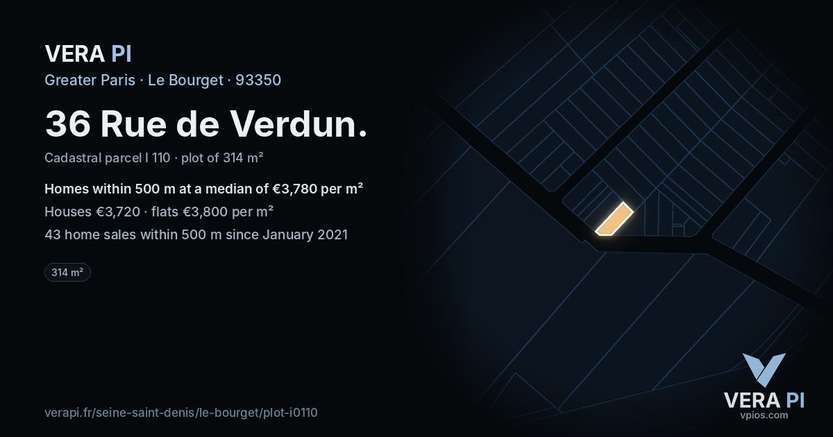 36 Rue de Verdun, Le Bourget at night – the plot lit, the parcels around coloured by the prices near them