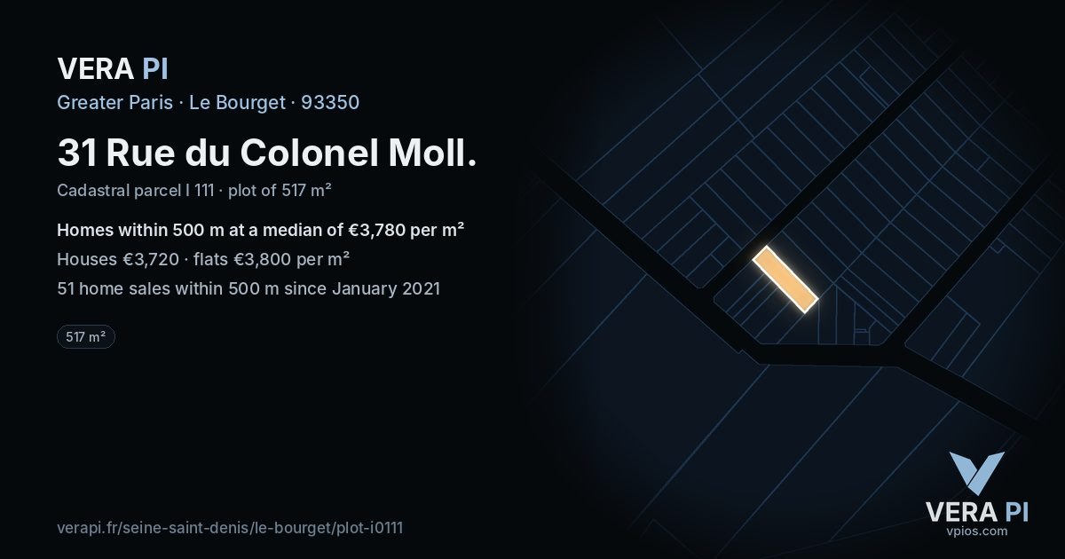 31 Rue du Colonel Moll, Le Bourget at night – the plot lit, the parcels around coloured by the prices near them