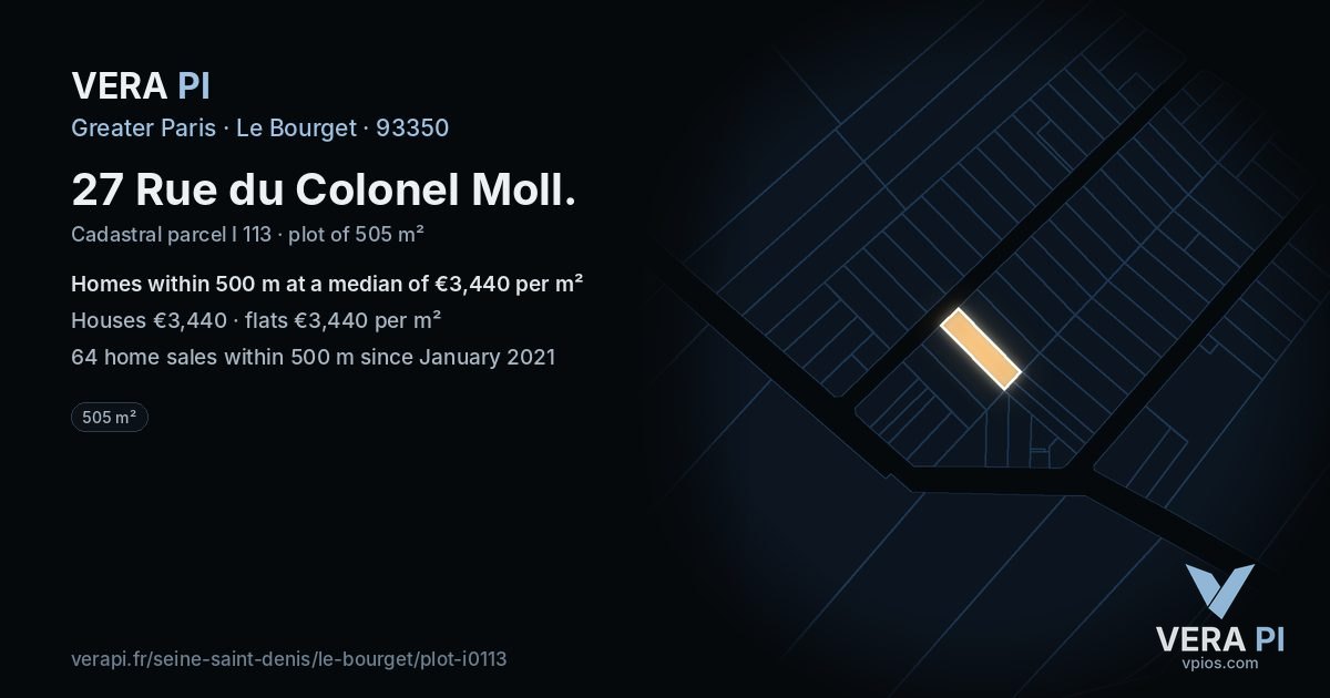 27 Rue du Colonel Moll, Le Bourget at night – the plot lit, the parcels around coloured by the prices near them