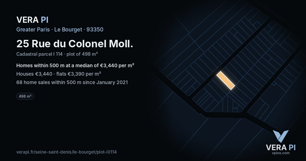 25 Rue du Colonel Moll, Le Bourget at night – the plot lit, the parcels around coloured by the prices near them