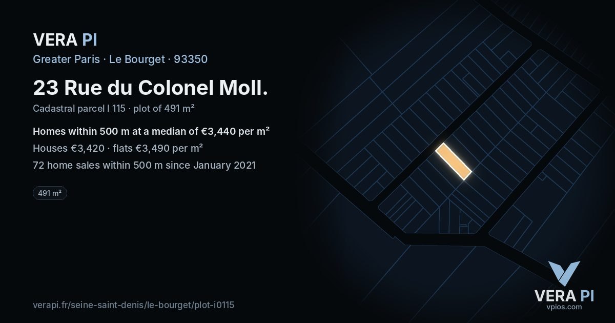 23 Rue du Colonel Moll, Le Bourget at night – the plot lit, the parcels around coloured by the prices near them