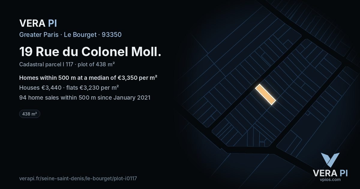 19 Rue du Colonel Moll, Le Bourget at night – the plot lit, the parcels around coloured by the prices near them