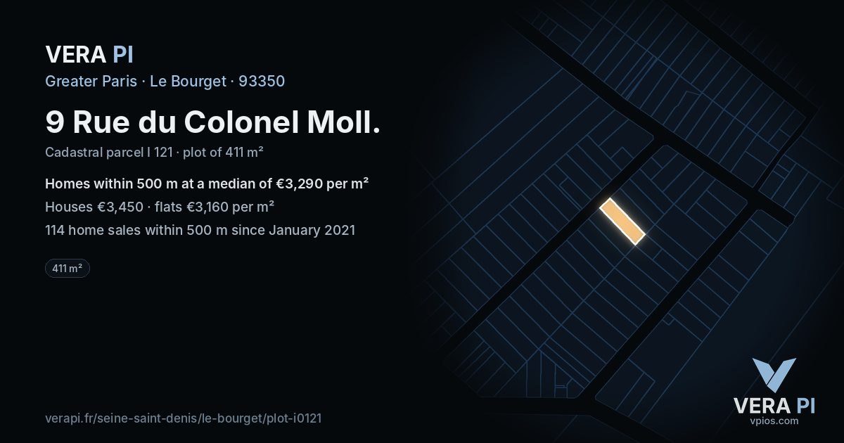 9 Rue du Colonel Moll, Le Bourget at night – the plot lit, the parcels around coloured by the prices near them