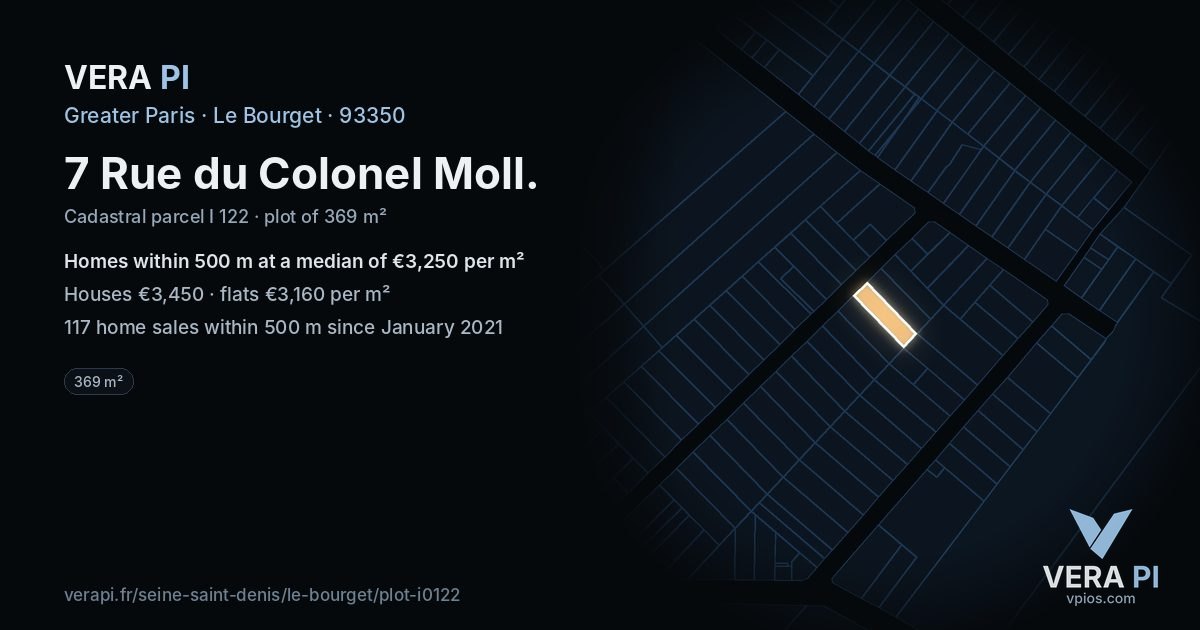 7 Rue du Colonel Moll, Le Bourget at night – the plot lit, the parcels around coloured by the prices near them