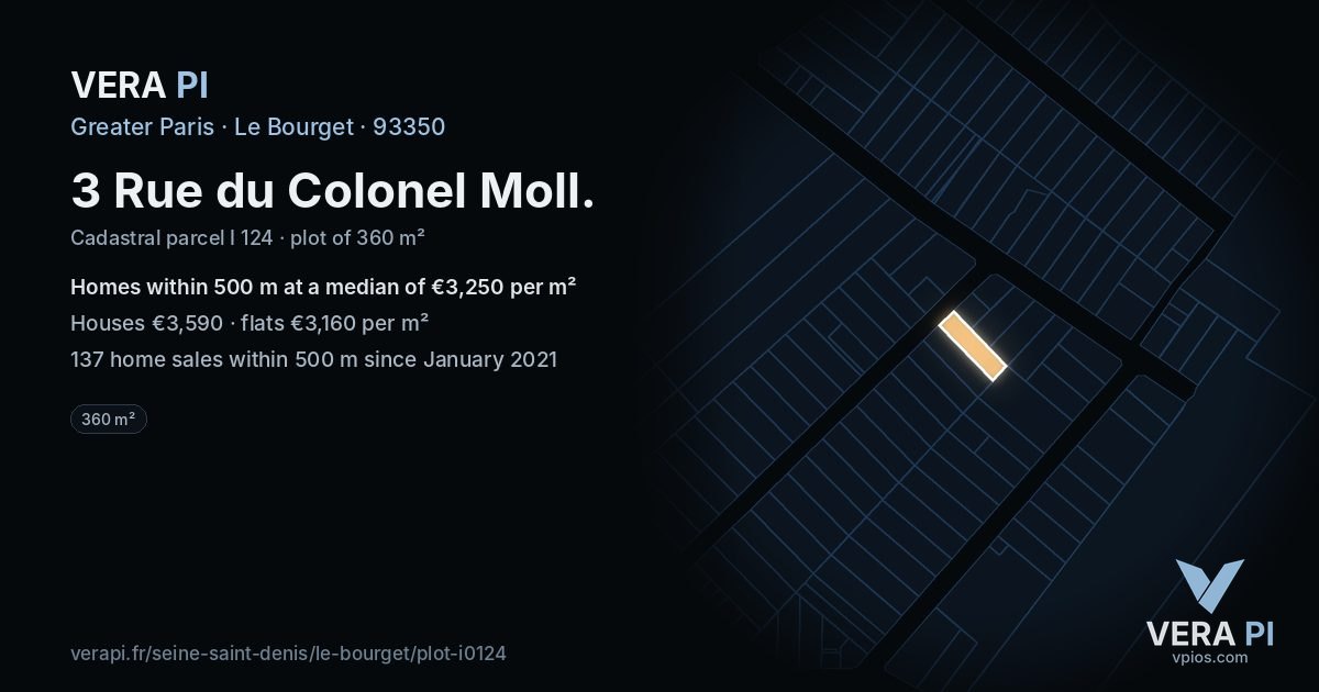 3 Rue du Colonel Moll, Le Bourget at night – the plot lit, the parcels around coloured by the prices near them