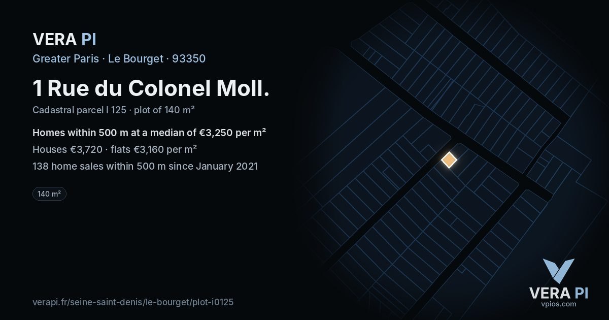 1 Rue du Colonel Moll, Le Bourget at night – the plot lit, the parcels around coloured by the prices near them