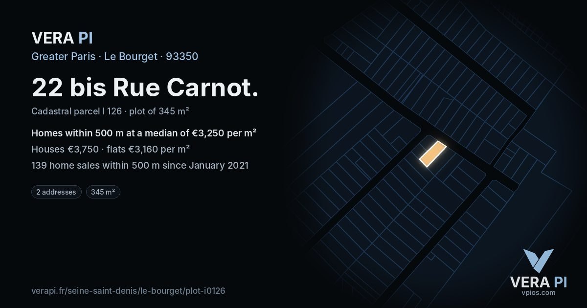 22 bis Rue Carnot, Le Bourget at night – the plot lit, the parcels around coloured by the prices near them
