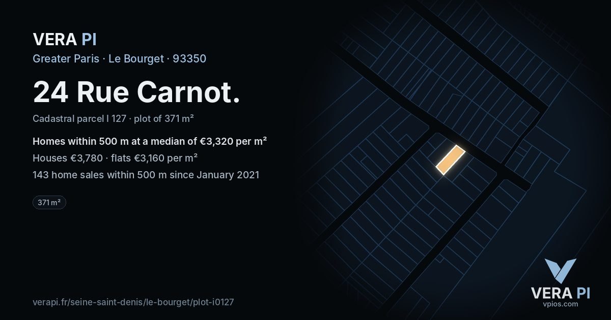 24 Rue Carnot, Le Bourget at night – the plot lit, the parcels around coloured by the prices near them