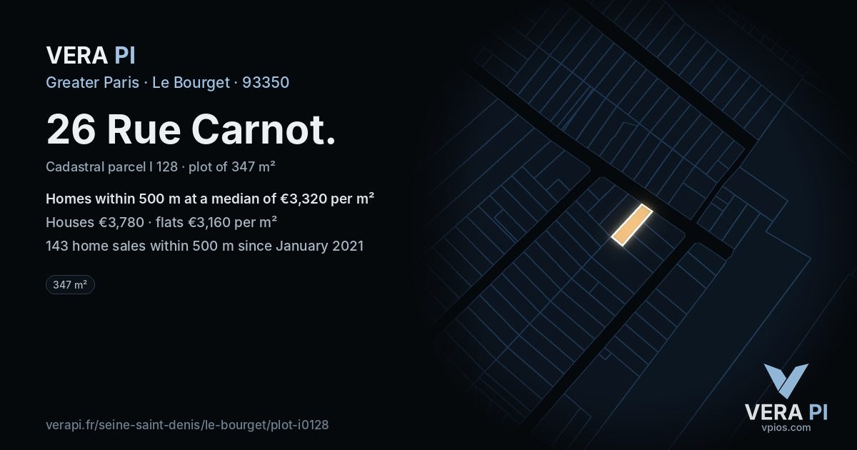 26 Rue Carnot, Le Bourget at night – the plot lit, the parcels around coloured by the prices near them
