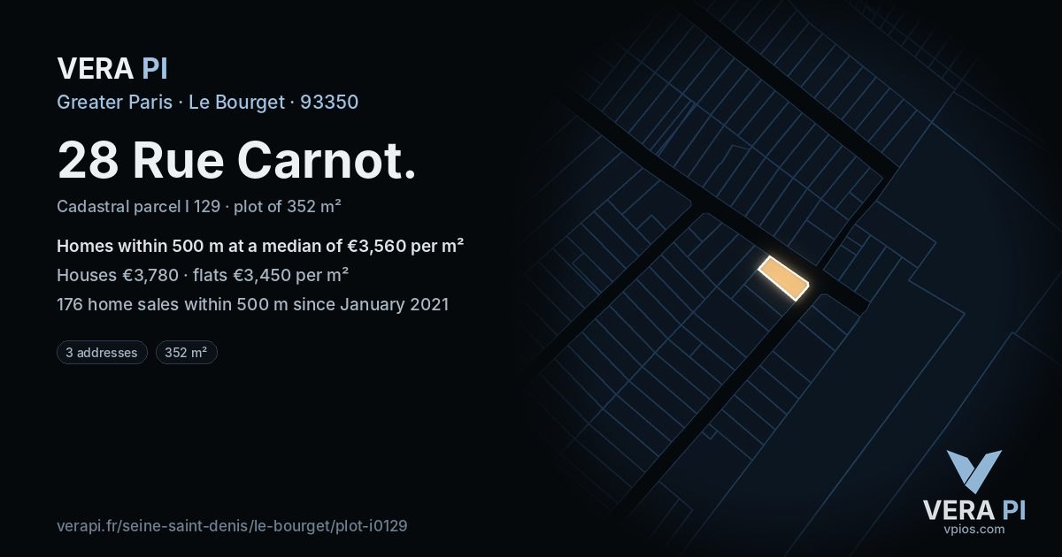 28 Rue Carnot, Le Bourget at night – the plot lit, the parcels around coloured by the prices near them