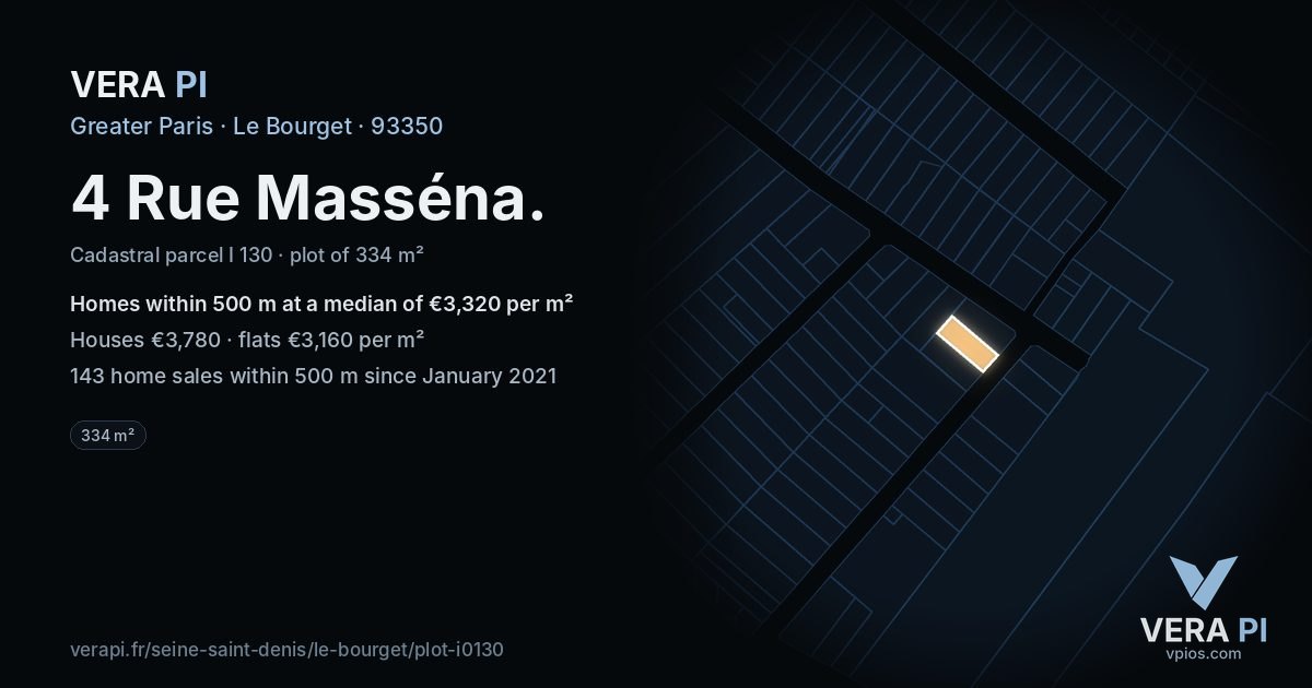 4 Rue Masséna, Le Bourget at night – the plot lit, the parcels around coloured by the prices near them