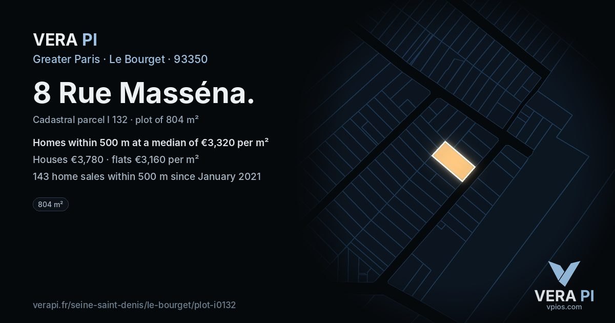 8 Rue Masséna, Le Bourget at night – the plot lit, the parcels around coloured by the prices near them