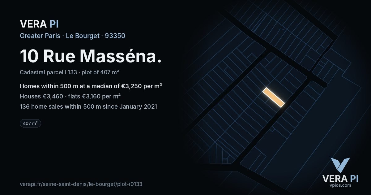 10 Rue Masséna, Le Bourget at night – the plot lit, the parcels around coloured by the prices near them