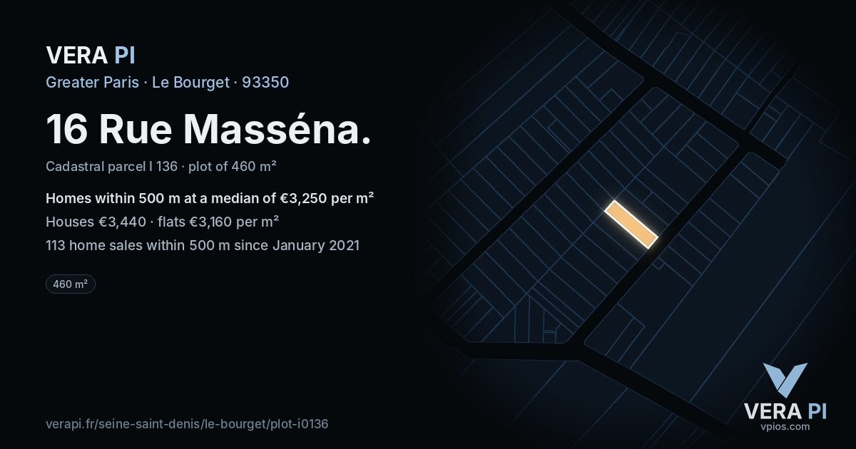 16 Rue Masséna, Le Bourget at night – the plot lit, the parcels around coloured by the prices near them