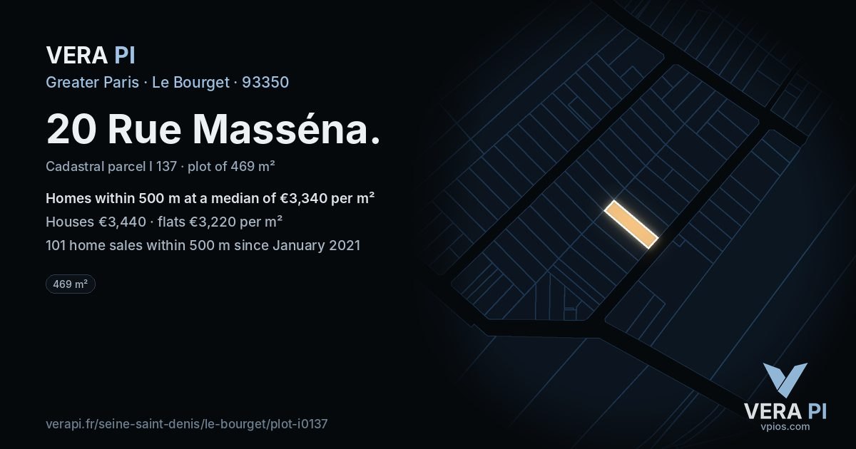 20 Rue Masséna, Le Bourget at night – the plot lit, the parcels around coloured by the prices near them