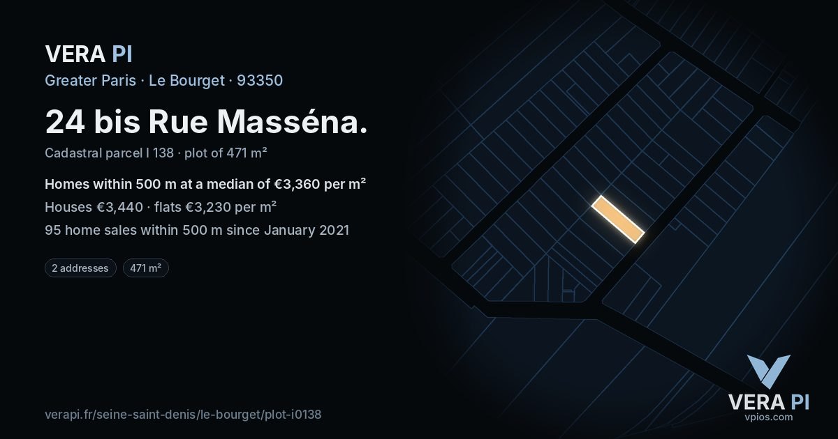 24 bis Rue Masséna, Le Bourget at night – the plot lit, the parcels around coloured by the prices near them