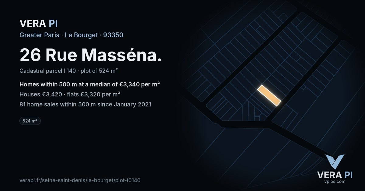 26 Rue Masséna, Le Bourget at night – the plot lit, the parcels around coloured by the prices near them