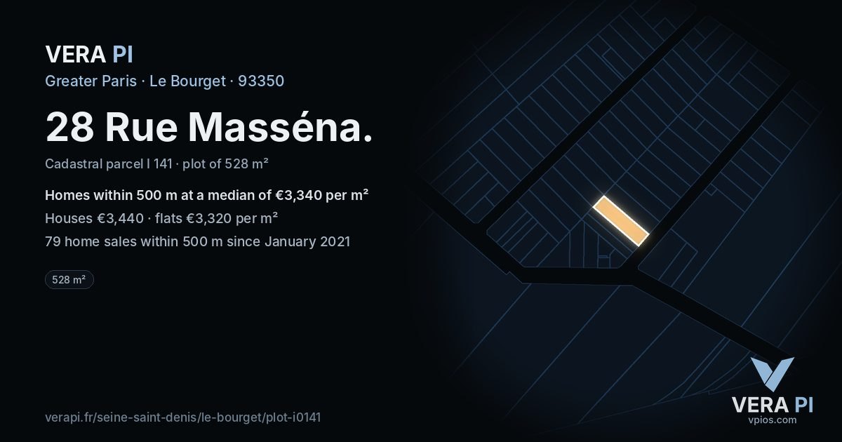 28 Rue Masséna, Le Bourget at night – the plot lit, the parcels around coloured by the prices near them