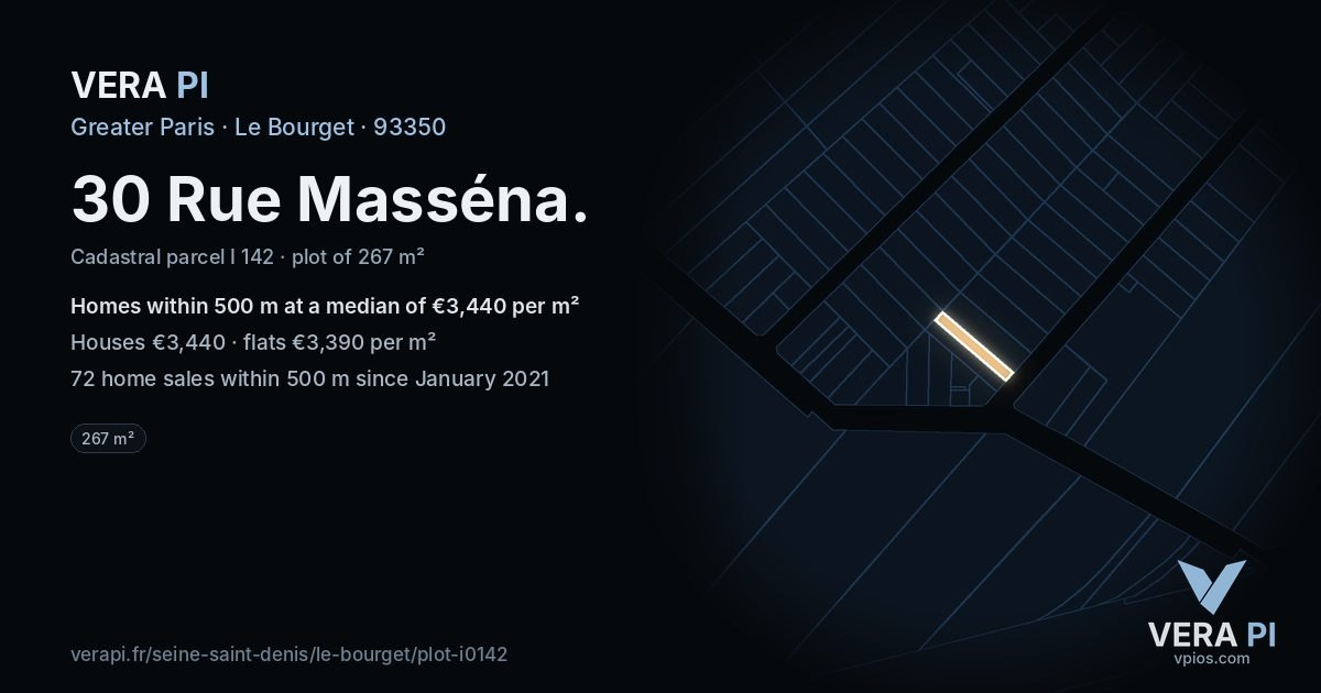30 Rue Masséna, Le Bourget at night – the plot lit, the parcels around coloured by the prices near them