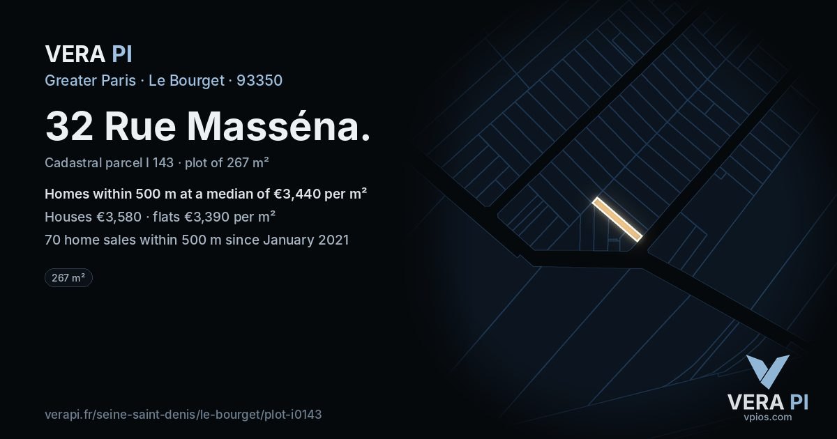 32 Rue Masséna, Le Bourget at night – the plot lit, the parcels around coloured by the prices near them