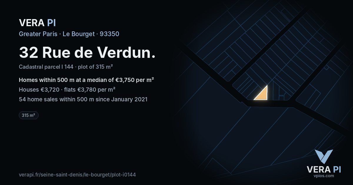 32 Rue de Verdun, Le Bourget at night – the plot lit, the parcels around coloured by the prices near them