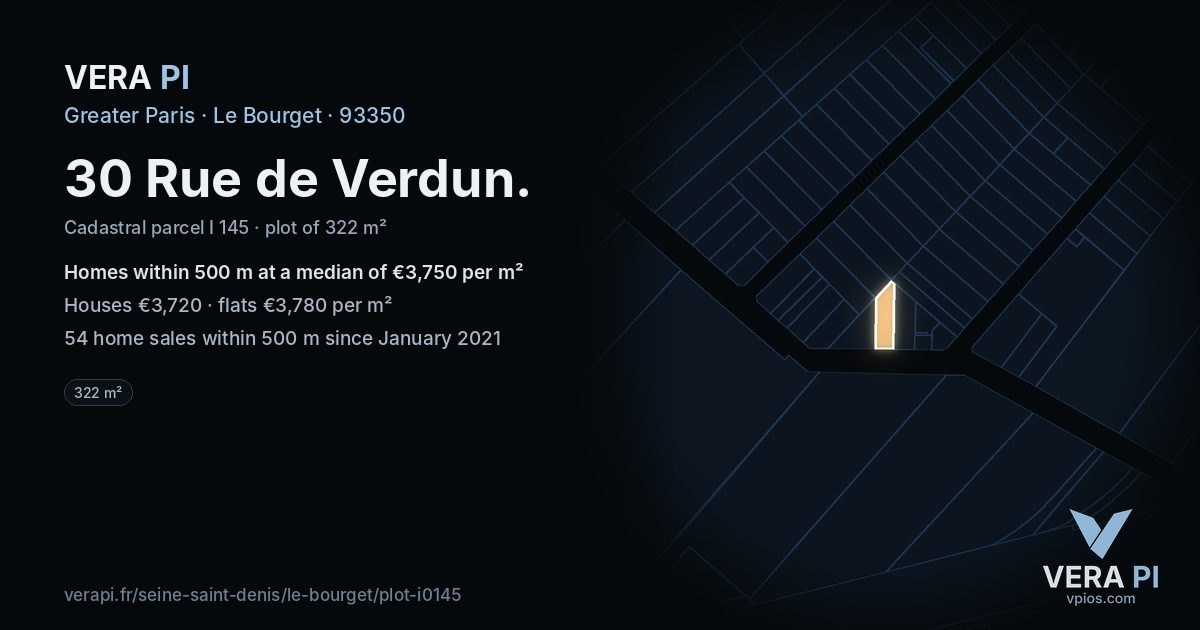 30 Rue de Verdun, Le Bourget at night – the plot lit, the parcels around coloured by the prices near them
