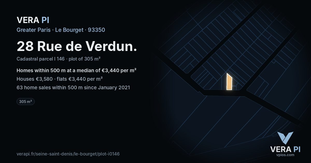 28 Rue de Verdun, Le Bourget at night – the plot lit, the parcels around coloured by the prices near them