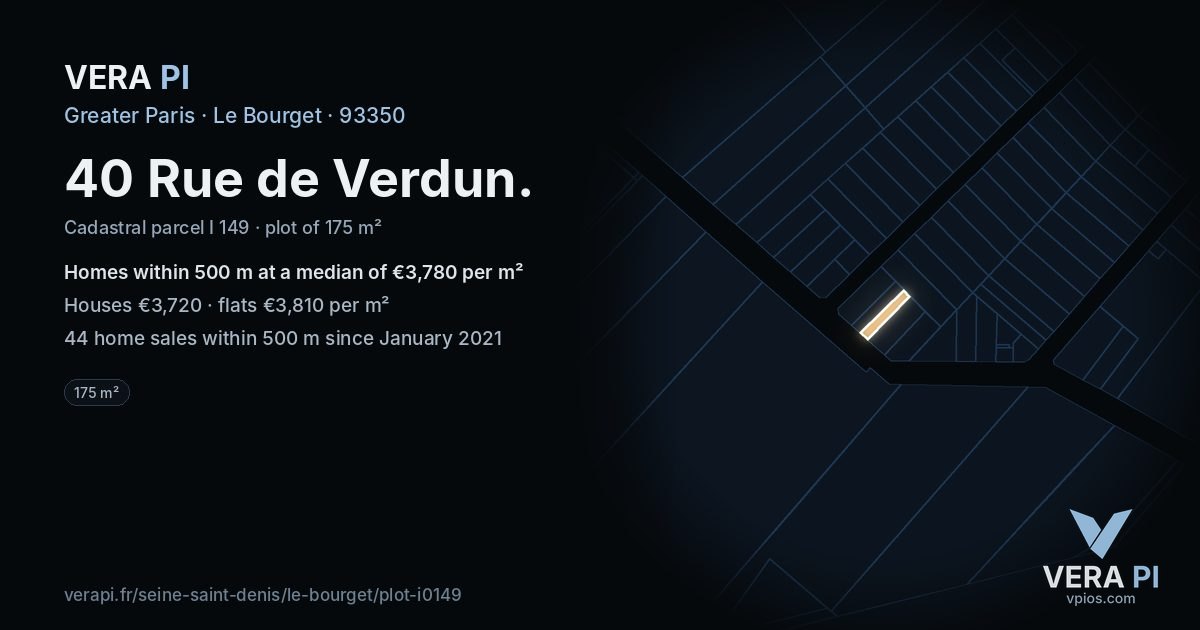 40 Rue de Verdun, Le Bourget at night – the plot lit, the parcels around coloured by the prices near them