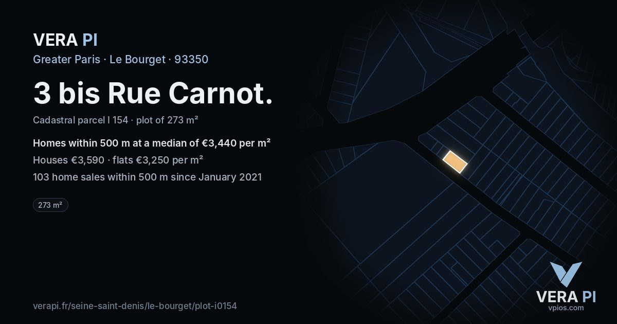 3 bis Rue Carnot, Le Bourget at night – the plot lit, the parcels around coloured by the prices near them