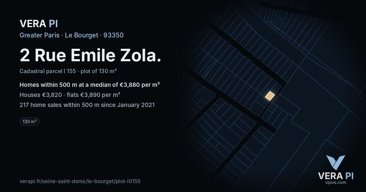 2 Rue Emile Zola, Le Bourget at night – the plot lit, the parcels around coloured by the prices near them