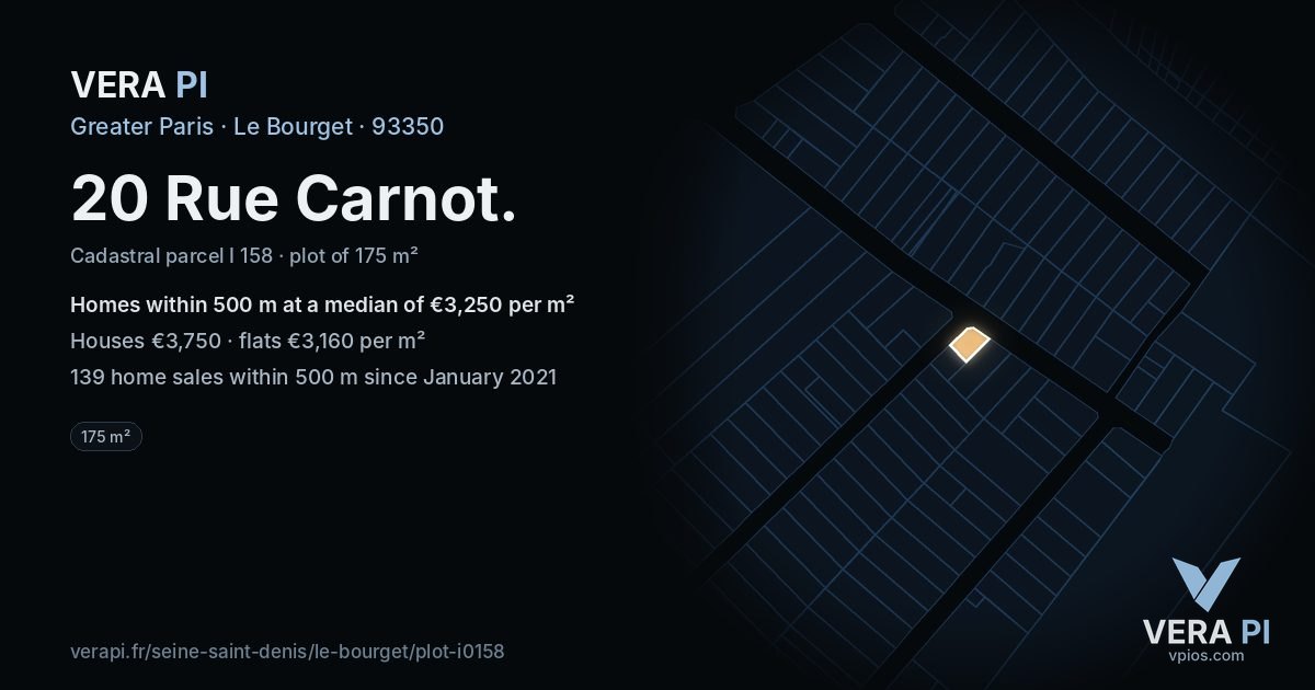 20 Rue Carnot, Le Bourget at night – the plot lit, the parcels around coloured by the prices near them