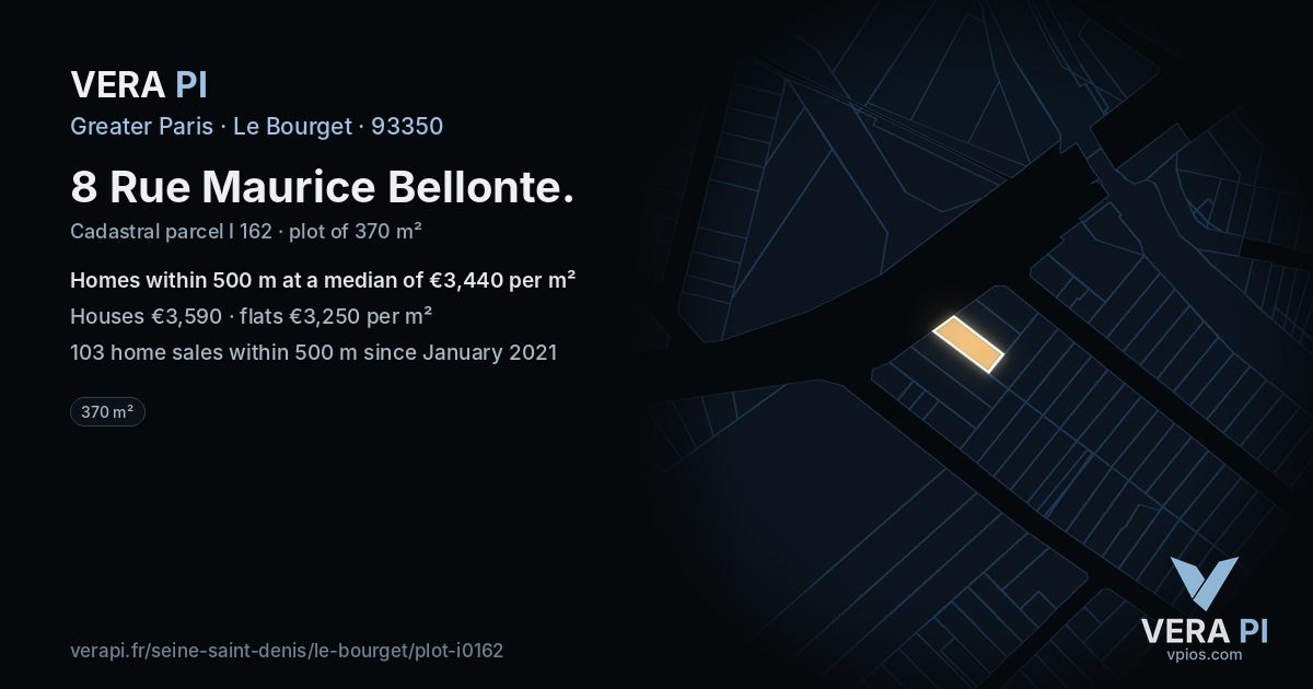 8 Rue Maurice Bellonte, Le Bourget at night – the plot lit, the parcels around coloured by the prices near them
