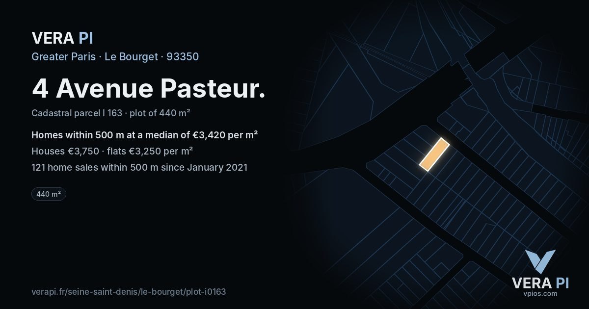 4 Avenue Pasteur, Le Bourget at night – the plot lit, the parcels around coloured by the prices near them