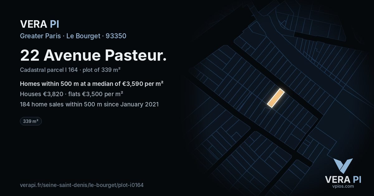 22 Avenue Pasteur, Le Bourget at night – the plot lit, the parcels around coloured by the prices near them