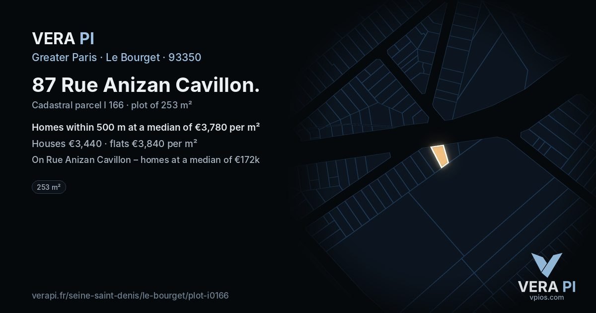 87 Rue Anizan Cavillon, Le Bourget at night – the plot lit, the parcels around coloured by the prices near them