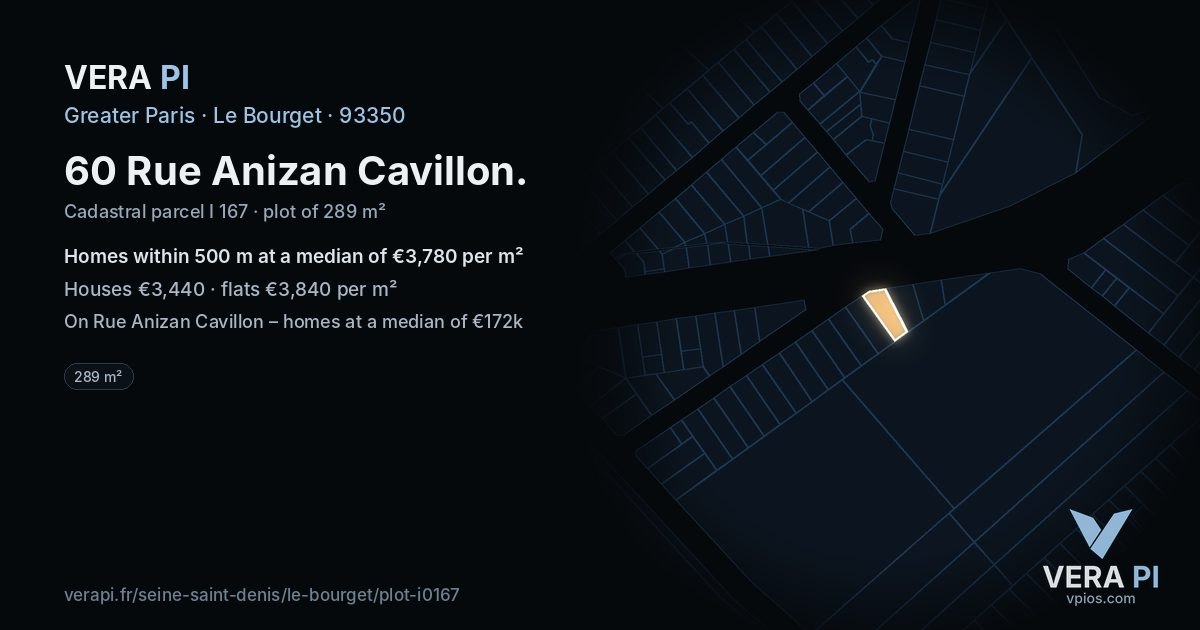 60 Rue Anizan Cavillon, Le Bourget at night – the plot lit, the parcels around coloured by the prices near them