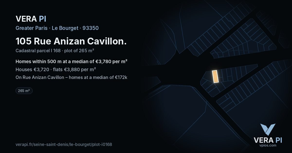 105 Rue Anizan Cavillon, Le Bourget at night – the plot lit, the parcels around coloured by the prices near them