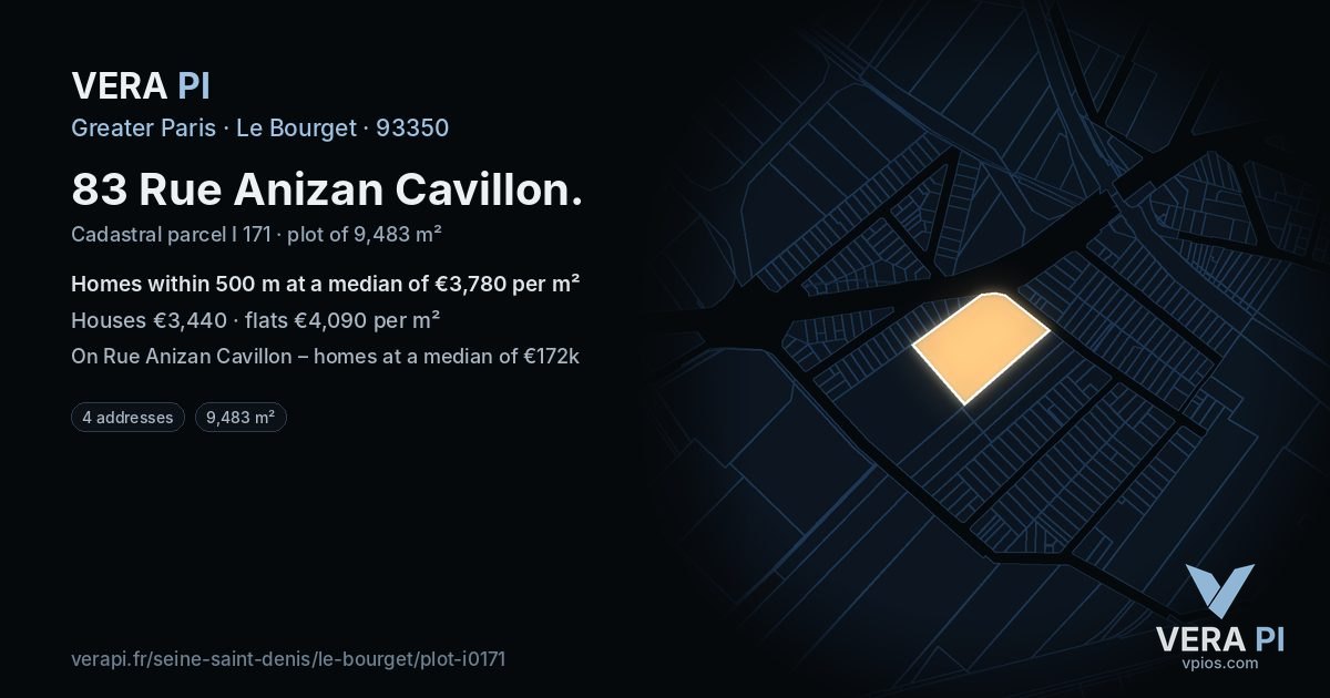 83 Rue Anizan Cavillon, Le Bourget at night – the plot lit, the parcels around coloured by the prices near them