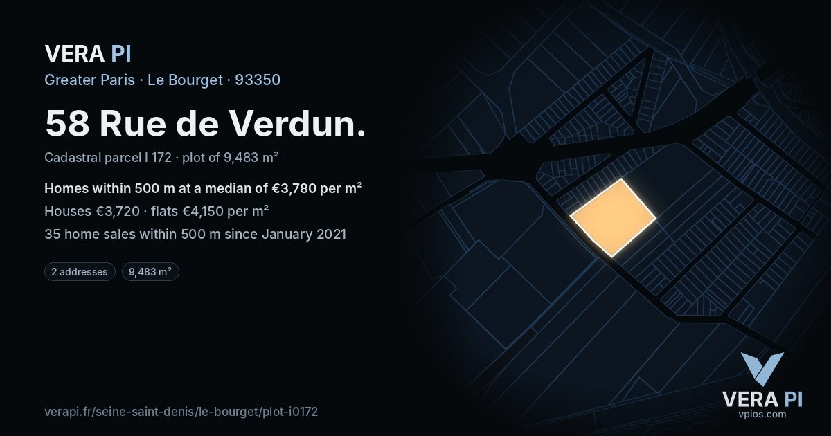 58 Rue de Verdun, Le Bourget at night – the plot lit, the parcels around coloured by the prices near them