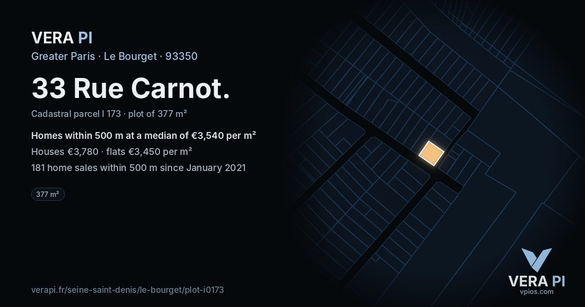 33 Rue Carnot, Le Bourget at night – the plot lit, the parcels around coloured by the prices near them
