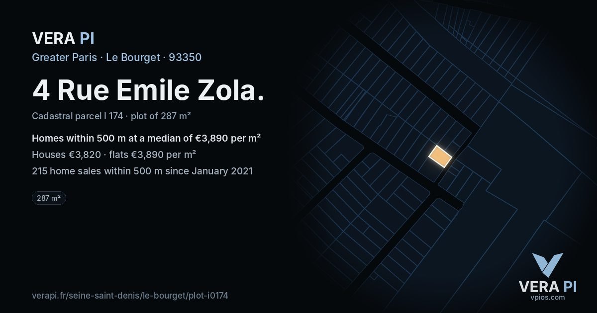4 Rue Emile Zola, Le Bourget at night – the plot lit, the parcels around coloured by the prices near them